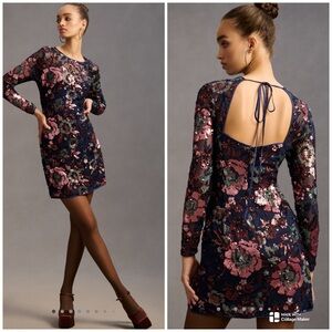 Anthropologie Sequin Long Sleeve Mini Dress in Navy Size US 4